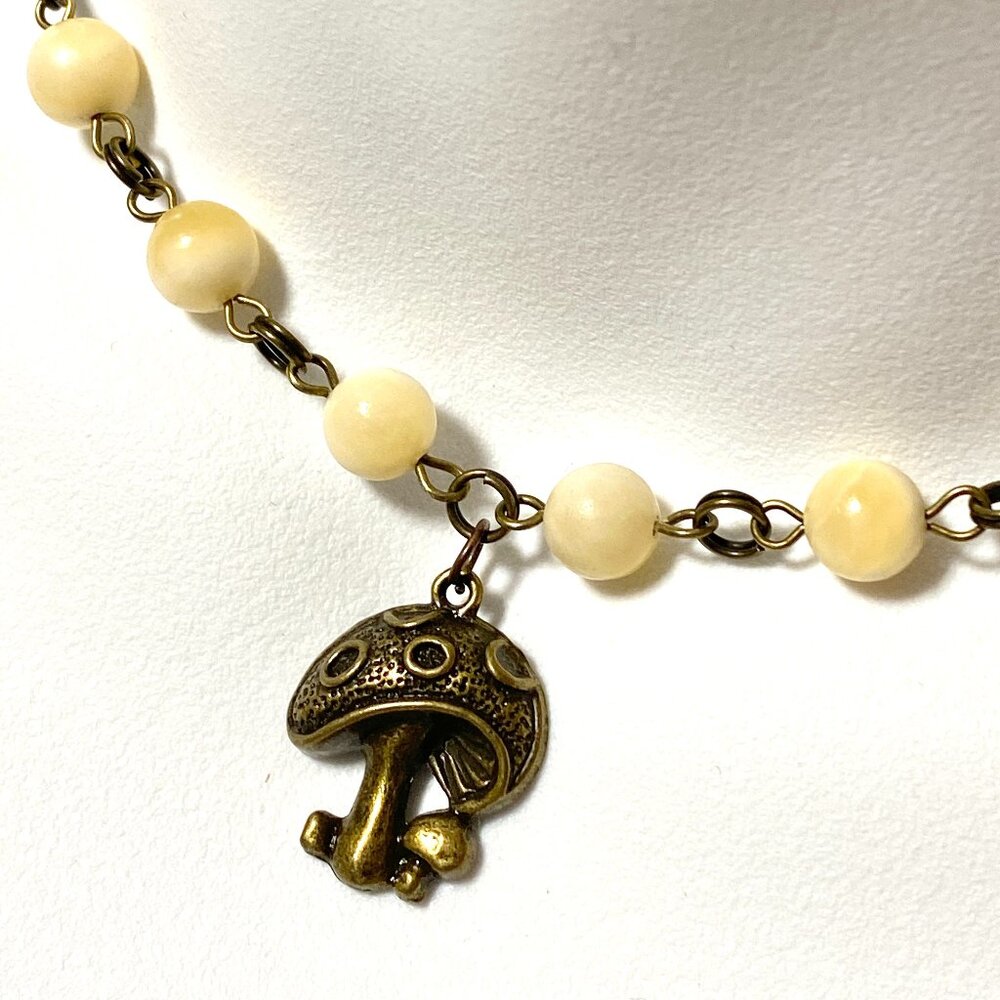 Natural Yellow Calcite Choker, Cute Bronze Round Mushroom + Genuine Gemstone
